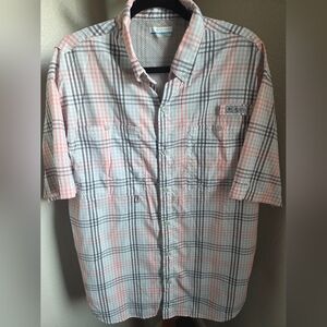 Columbia Tamiami Fishing Men's Pink and Gray Plaid Button Down Shirt